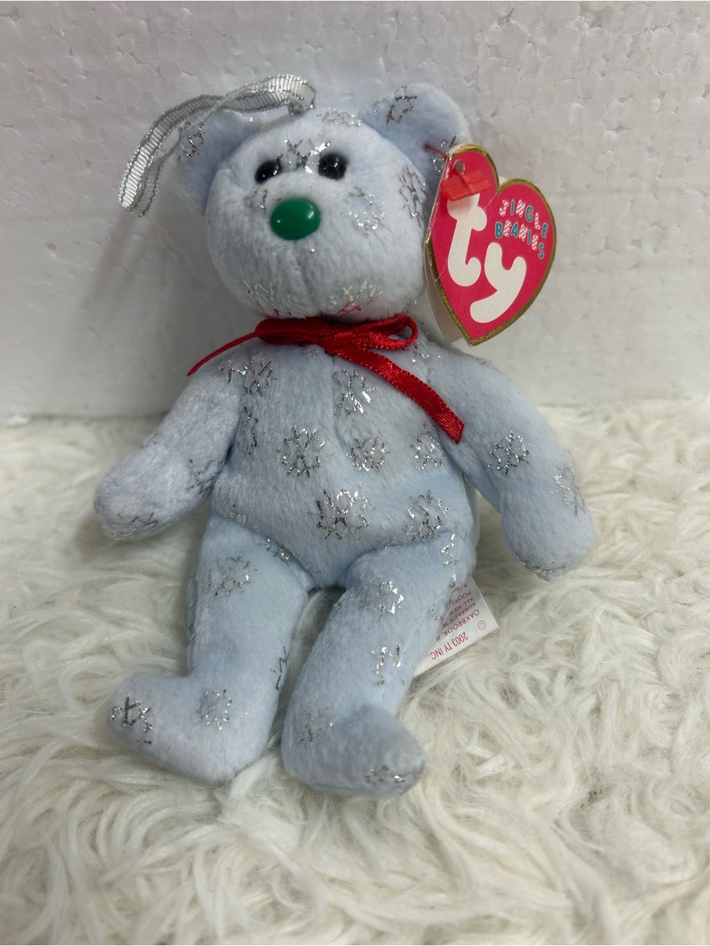 Ty Light Blue Bear with Silver Sparkle, Green Nose & Red Ribbon